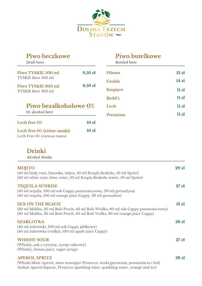 Menu Piwo na łowisku w Dębowcu koło Jasła