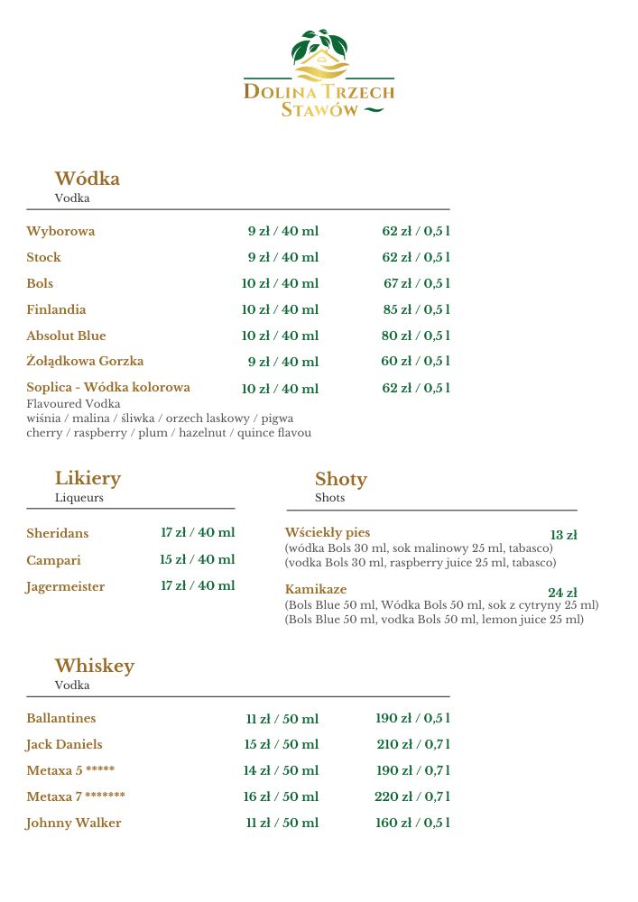 Menu barowe restauracji w Dębowcu koło Jasła